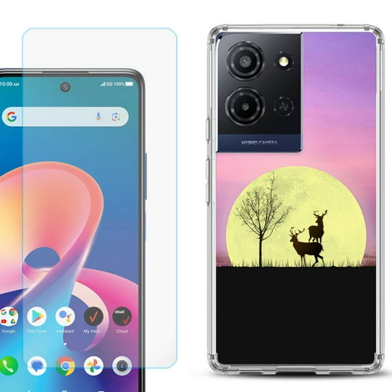 For TCL K32 5G Protective Shockproof Phone Case with Tempered Glass Screen Protector, by OneToughShield - Moonlight Deer