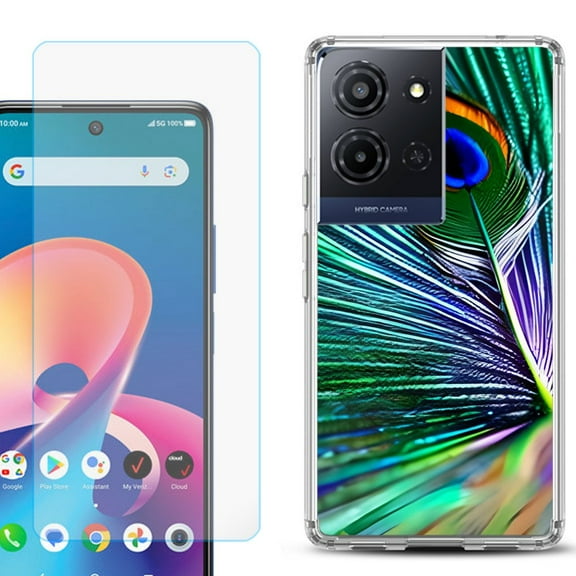 For TCL K32 5G Protective Shockproof Phone Case with Tempered Glass Screen Protector, by OneToughShield - Peacock Feather