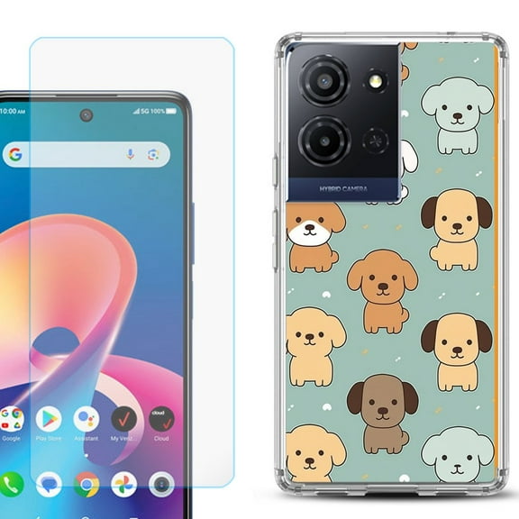 For TCL K32 5G Protective Shockproof Phone Case with Tempered Glass Screen Protector, by OneToughShield - Puppies