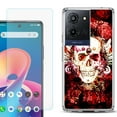 thumbnail image 1 of For TCL K32 5G Protective Shockproof Phone Case with Tempered Glass Screen Protector, by OneToughShield - Rose Skull, 1 of 3