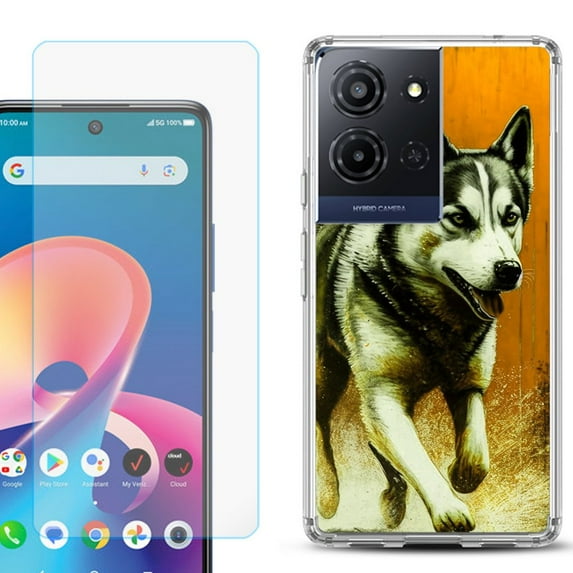 For TCL K32 5G Protective Shockproof Phone Case with Tempered Glass Screen Protector, by OneToughShield - Running Husky