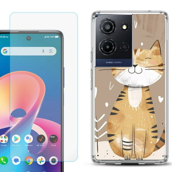 For TCL K32 5G Protective Shockproof Phone Case with Tempered Glass Screen Protector, by OneToughShield - Smiling Cat