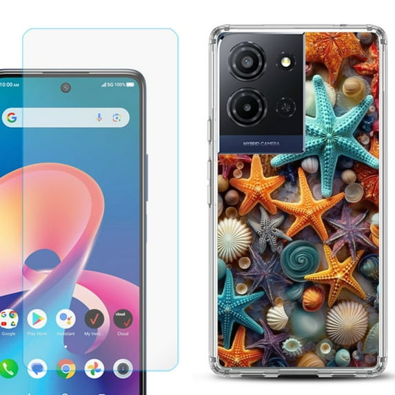 For TCL K32 5G Protective Shockproof Phone Case with Tempered Glass Screen Protector, by OneToughShield - Starfish Mix