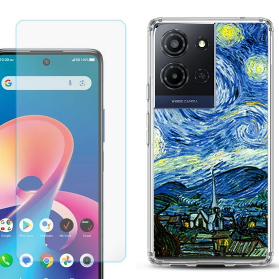 For TCL K32 5G Protective Shockproof Phone Case with Tempered Glass Screen Protector, by OneToughShield - Starry Night Paris