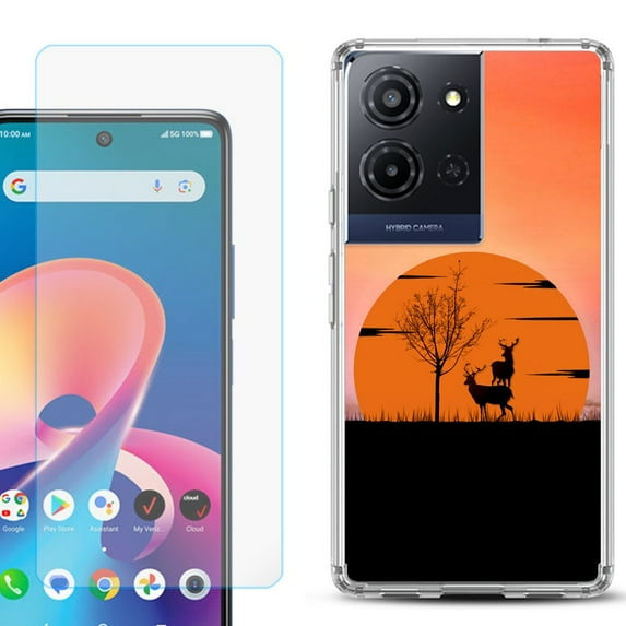 For TCL K32 5G Protective Shockproof Phone Case with Tempered Glass Screen Protector, by OneToughShield - Sunset Deer