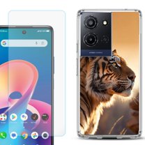 For TCL K32 5G Protective Shockproof Phone Case with Tempered Glass Screen Protector, by OneToughShield - Tiger