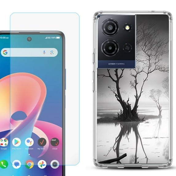 For TCL K32 5G Protective Shockproof Phone Case with Tempered Glass Screen Protector, by OneToughShield - Tree BW