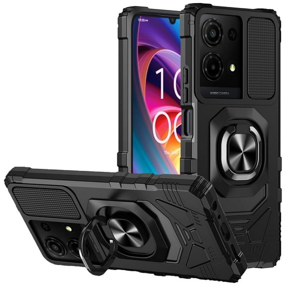 For TCL K32 5G T513V Robotic Ring Kickstand Phone Case + Tempered Glass - Black