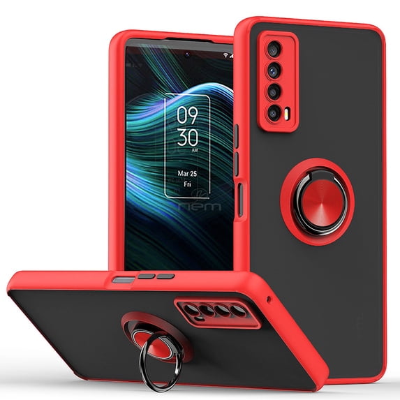 For TCL Stylus 5G Impact Metal Ring Holder Stand Magnetic Car Mount Protective Hybrid Case Cover Red