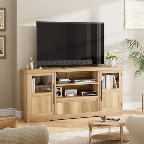 For TVs up to 75 In Retro Wave Pattern TV Stand with Glass Cabinets and Shelves Natural