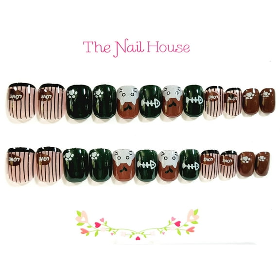 For The Love Of Cats Glossy Short Square Square Press-On Nails - 24 Pieces - Artificial Nail Kit