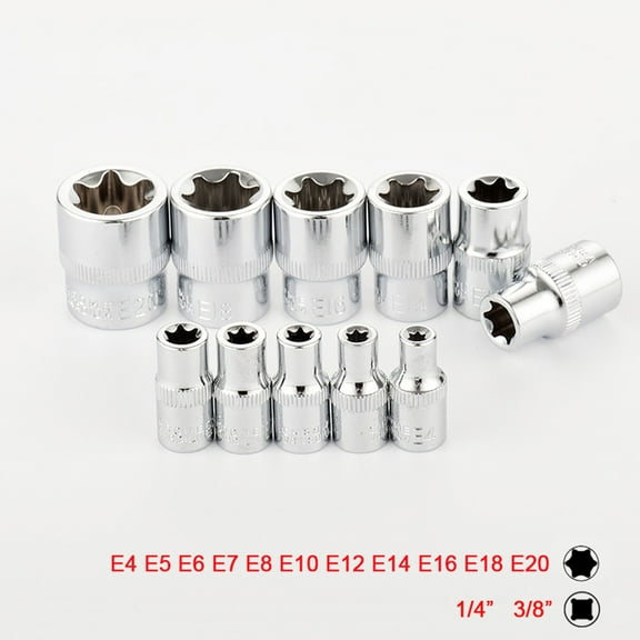 For Torx Star Socket Set 11pcs E Type 1/4 3/8 Sizes for Automotive Repair, Chrome Treated Steel for Improved Hardness and Durability
