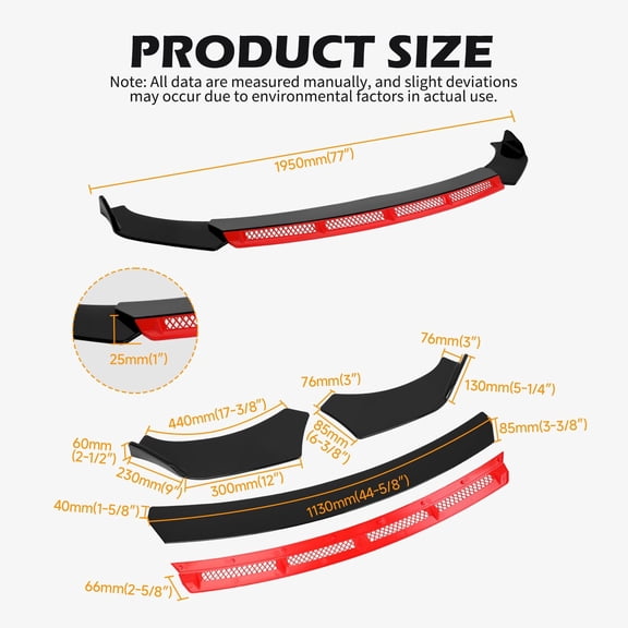 For Toyota Matrix 3PCS Front Bumper Lip Splitter Spoiler Body Kit Black + Red