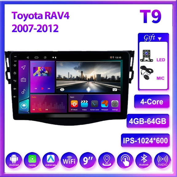 For Toyota RAV4 2007-2012 Car Stereo Radio Wireless Carplay Android Auto Mirror Link 9'' Touch Screen HD 1080P 4 Cores WIFI GPS FM Bluetooth