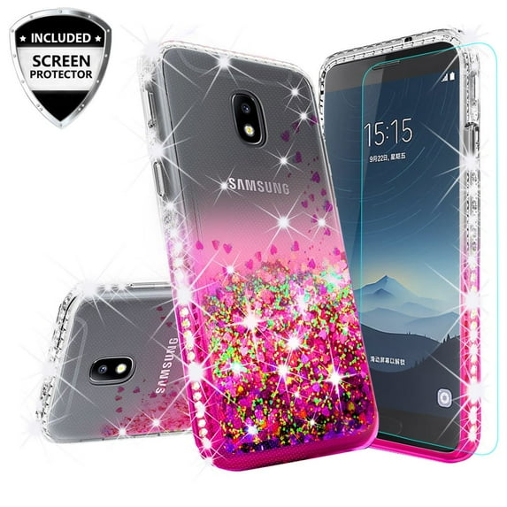 For Tracfone/StraightTalk For Samsung Galaxy J3 Orbit (S367VL) Case Liquid Glitter Bling Diamond Bumper Phone Case for Girls Women - Hot Pink/Clear