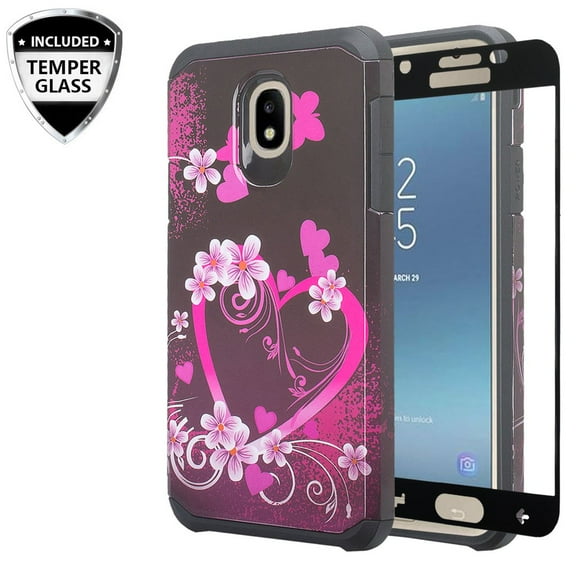 For Tracfone/StraightTalk For Samsung Galaxy J3 Orbit (S367VL) Case w/[Tempered Glass] Hybrid Shockproof Drop Protection Impact Rugged Heavy Duty Dual Layer Armor Case - Hot Pink Heart