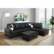 For-U Furnishing Classic Black Faux Leather Sectional Sofa, Right Facing Chaise, 74.5D x 103.5W x 35H