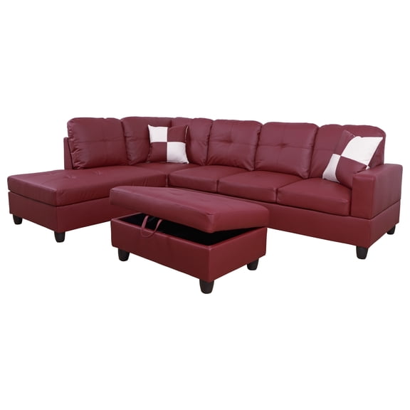 For-U Furnishing Classic Red Faux Leather Sectional Sofa, Left Facing Chaise, 74.5"D x 103.5"W x 35"H
