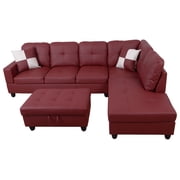 For-U Furnishing Classic Red Faux Leather Sectional Sofa, Right Facing Chaise, 74.5 D x 103.5 W x 35 H