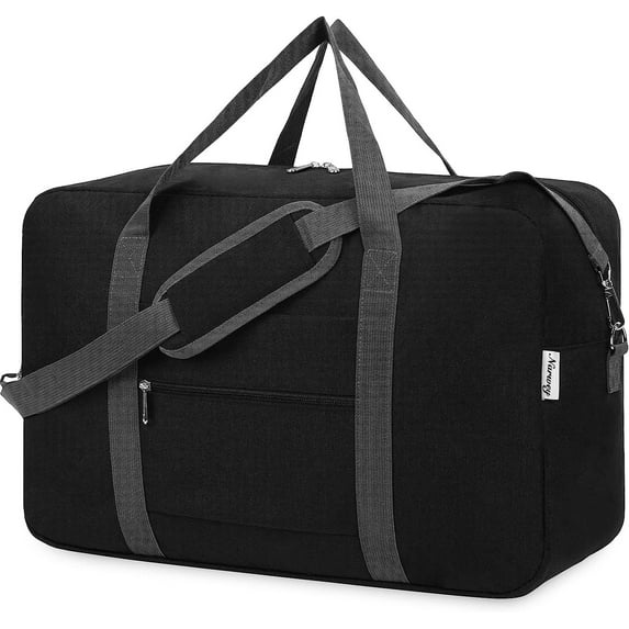 For United Airlines Foldable Carry on Bag 22x14x9 Travel Duffel Bag Packable luggage Duffle for Women and Men 40L (Black (With Shoulder Strap))