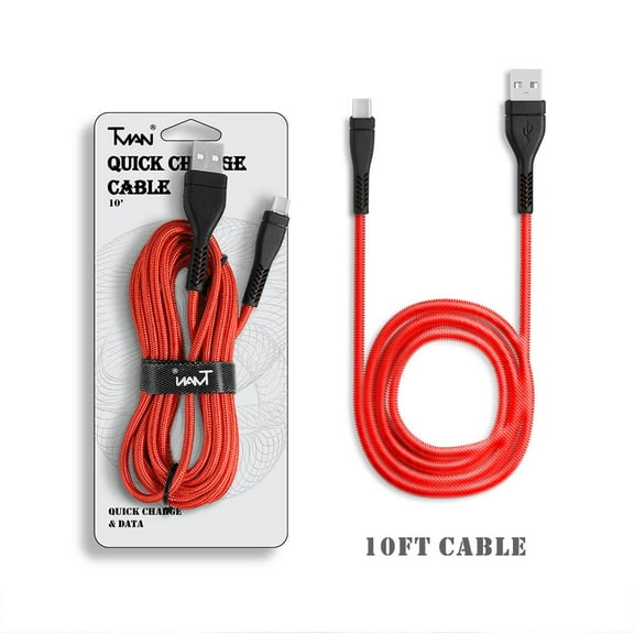 For Universal 10 Ft USB Braided Nylon Round Data Charger Type C Cable Red