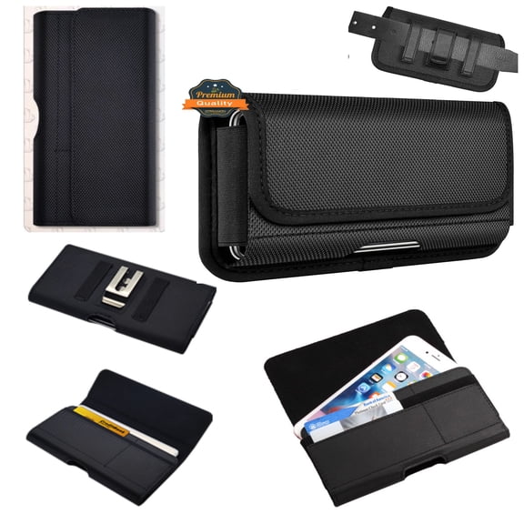 For Universal Horizontal Rugged Black Nylon Canvas Pouch with Secure Metal Belt Clip Holster and Card Slot (Fits 7.2 inch Phone) Cover ,Xpm Phone Case [ Black ]