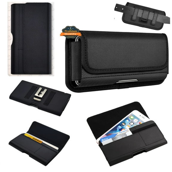 For Universal Universal Nylon Canvas Horizontal Pouch Holster with Wallet Credit Card Slots & Belt Loop Clip Carrying Phone (7.0") - Black