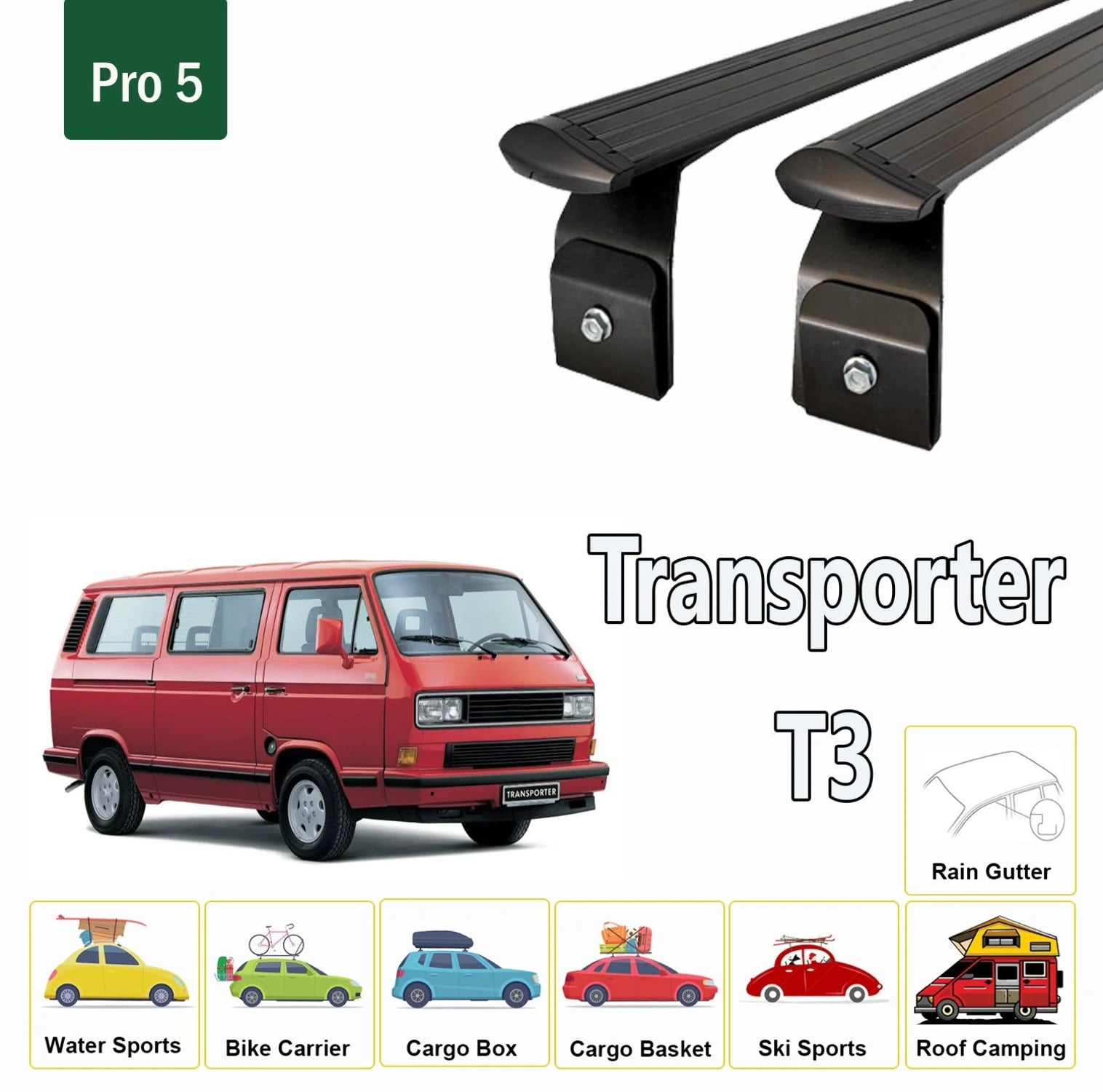 For Volkswagen Transporter T3 Roof Rack Cross Bars Rain Gutters Black 1980 1990 3 QTY Walmart