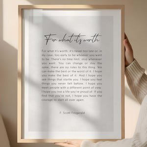 For What Its Worth Fitzgerald Quote Poster, 8x12 UNFRAMED