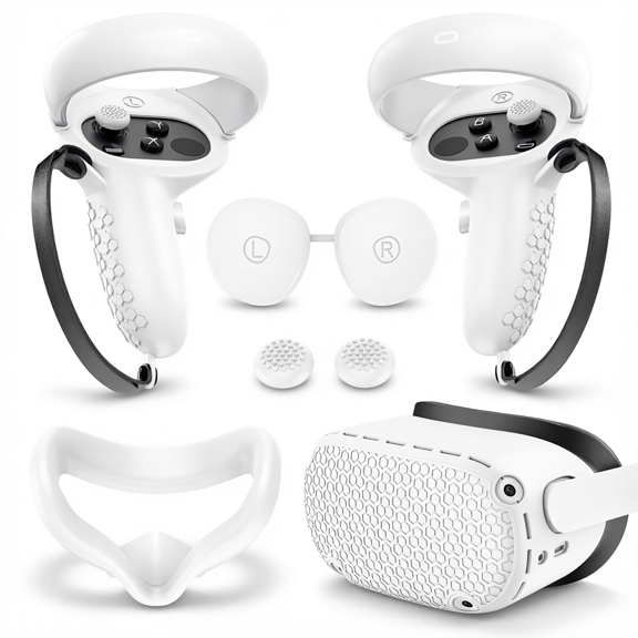 For White Full Silicone VR Accessory Kit Compatible with Meta Quest 2 Face Cushion Controller Grips Headset Shell Lens Cover Thumb Stick Caps