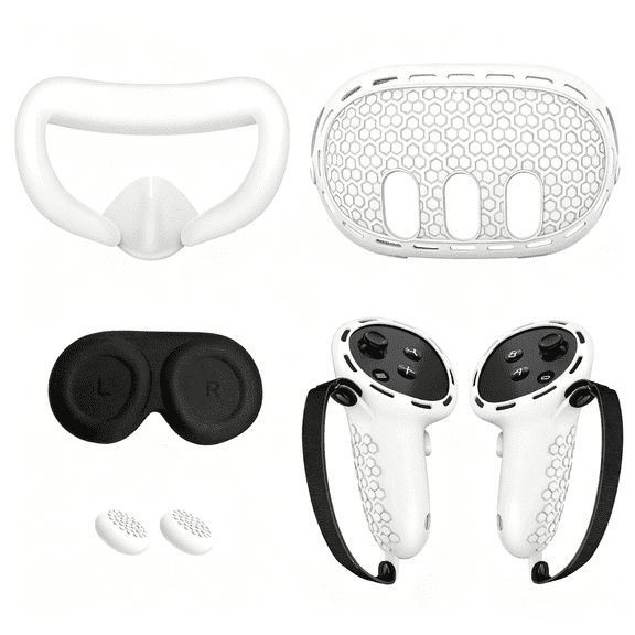 For White Silicone Protective Cover Set Compatible with Meta Quest 3 VR Headset Shell Controller Grips Face Pad Full VR Accessories Kit