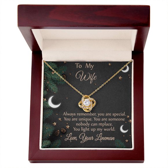 For Wife - From Lineman - You Light up my World Necklace - Love Knot Necklace - White/Yellow Plated - Message Card & Gift Box