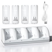 Rechargable Battery Compatible with Wii Remote Controller Charger, 4 in 1 Wii Charging Dock Station with 4PCS 2800mAh Rechargeable Batteries for Wii/ Wii U Controller - White