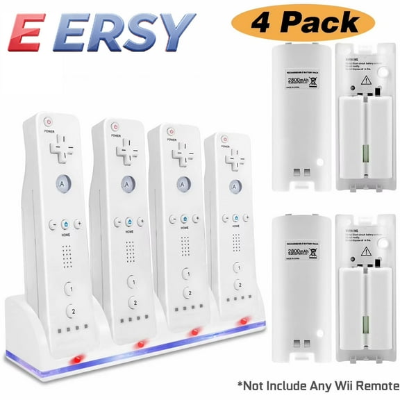 For Wii Remote Controller Charger, 4 in 1 Wii Charging Dock Station with 4PCS 2800mAh Rechargeable Batteries for Wii/ Wii U Controller - White