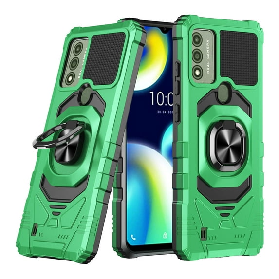 For Wiko Voix Dropproof Shockproof Kickstand Ring Stand Phone Case Cover With Tempered Glass Screen Protector - Green