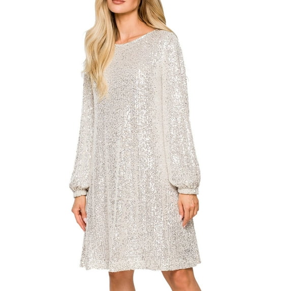 For Women 2024 Maxi Sequin Dress Long Sleeve Crewneck Sparkly Glitter Mini Dress Elegant Wedding Party Dress Beach Dress