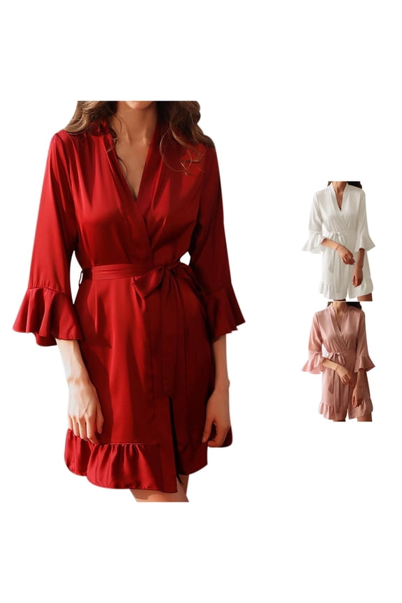 For Women Autumn Winter Silk Kimono with Ruffled Sleeves Sleepwear plus Size Maternity Robes for Women M