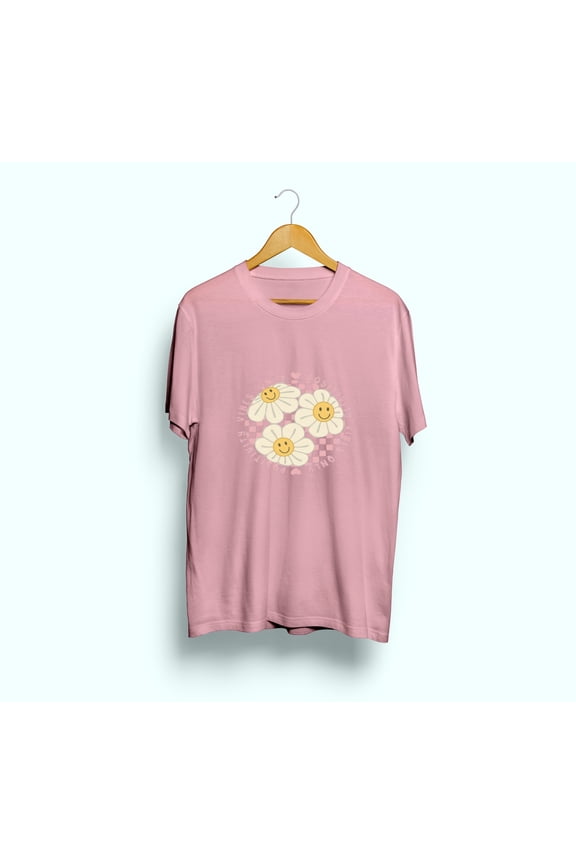 For Women & Men’s daisy smiley face pink plaid positive energy Graphic Print Short Sleeve T-shirt Collection