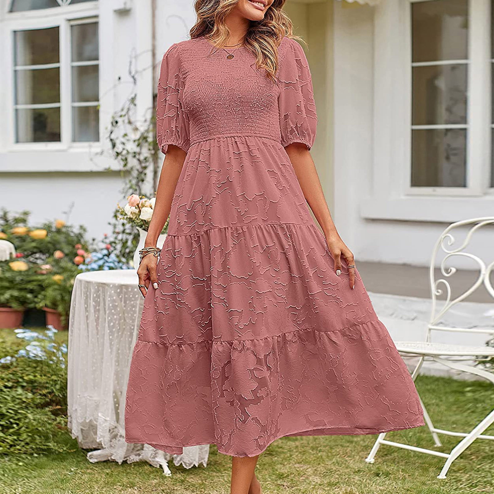 Women Plus Size Casual Round-collar Blue Dress