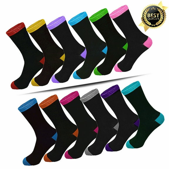 For Womens 3-12 Pairs Casual Black 2 Tone Classic Cotton Crew Socks Size 9-11