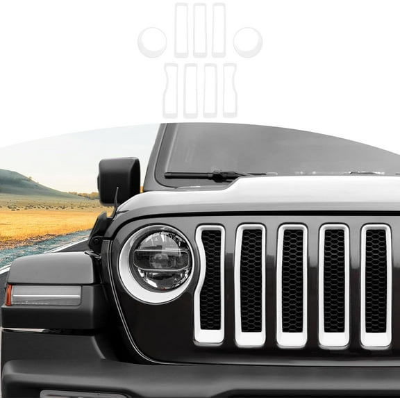 For Wrangler JL Mesh Front Grille Grill Insert Headlight Light Cover Trim for Jeep Wrangler JL 2018-2022 White Exterior Accessories 9pcs