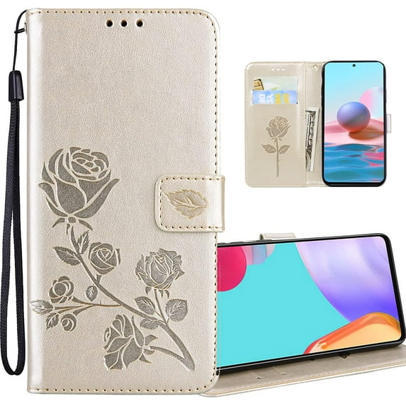 For Xiaomi Redmi Note 10 4G Rose Wallet Case (Not 5G) With PU Leather Flip with Card Holder ID Credit Cards Slot Cash Pockets with Detachable Wristband Case For Xiaomi Redmi Note 10S RS Golden