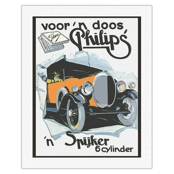 For 'a Box (Voor 'n Doos) Philips Cigarettes - Spyker 6 Cylinder Sports Car - Vintage Advertising Poster c.1920s - Fine Art Rolled Canvas Print 20in x 26in