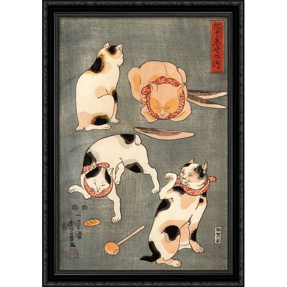 For cats in different poses 28x40 Large Black Ornate Wood Framed Canvas Art by Utagawa Kuniyoshi