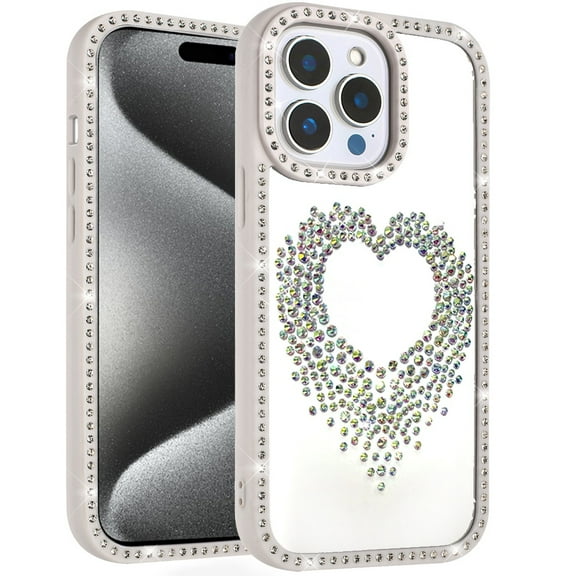 For iP15 Pro Max Beautiful ANGEL Hearts Glitter Shimmer Diamond Edged Hybrid Case - Beige