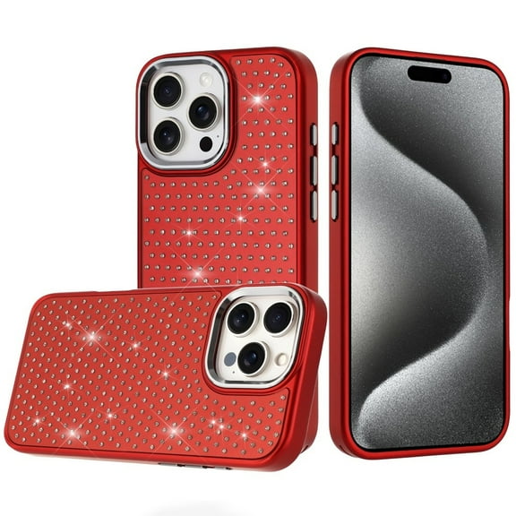 For iPhone 15 Pro Max Case Rhinestone Crystals Chrome Plated + 2 Tempered Glass