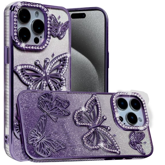 For iPhone 15 Pro Max Case Bling Butterflies 3D Glitter Cover + 2 Tempered Glass