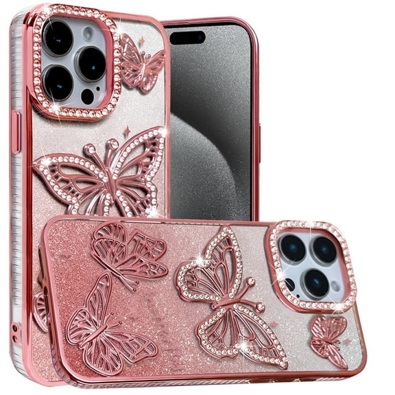For iP15 Pro Max Butterfly Freedom Shimmer Glitter Thick TPU Case Cover - Rose Gold