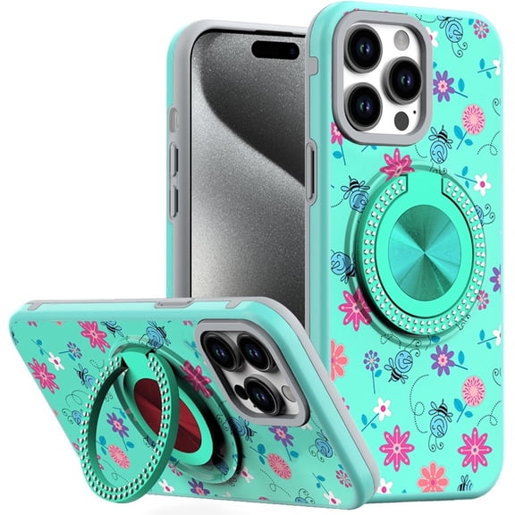 For iP15 Pro Max Metal Diamond CD Pattern Design Matte Finished Hybrid with Rotational Ring [Car Mount Friendly] Case - 6