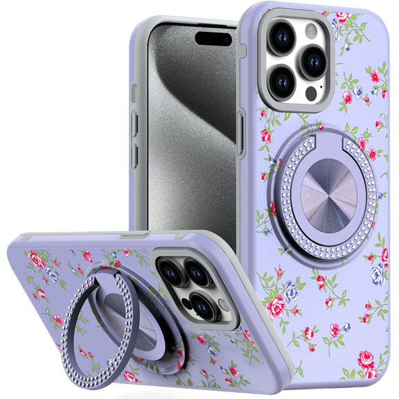 For iP15 Pro Max Metal Diamond CD Pattern Design Matte Finished Hybrid with Rotational Ring [Car Mount Friendly] Case - 9
